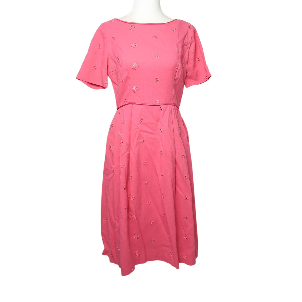 Vintage 60s vibrant pink eyelet midi tea length dress Small